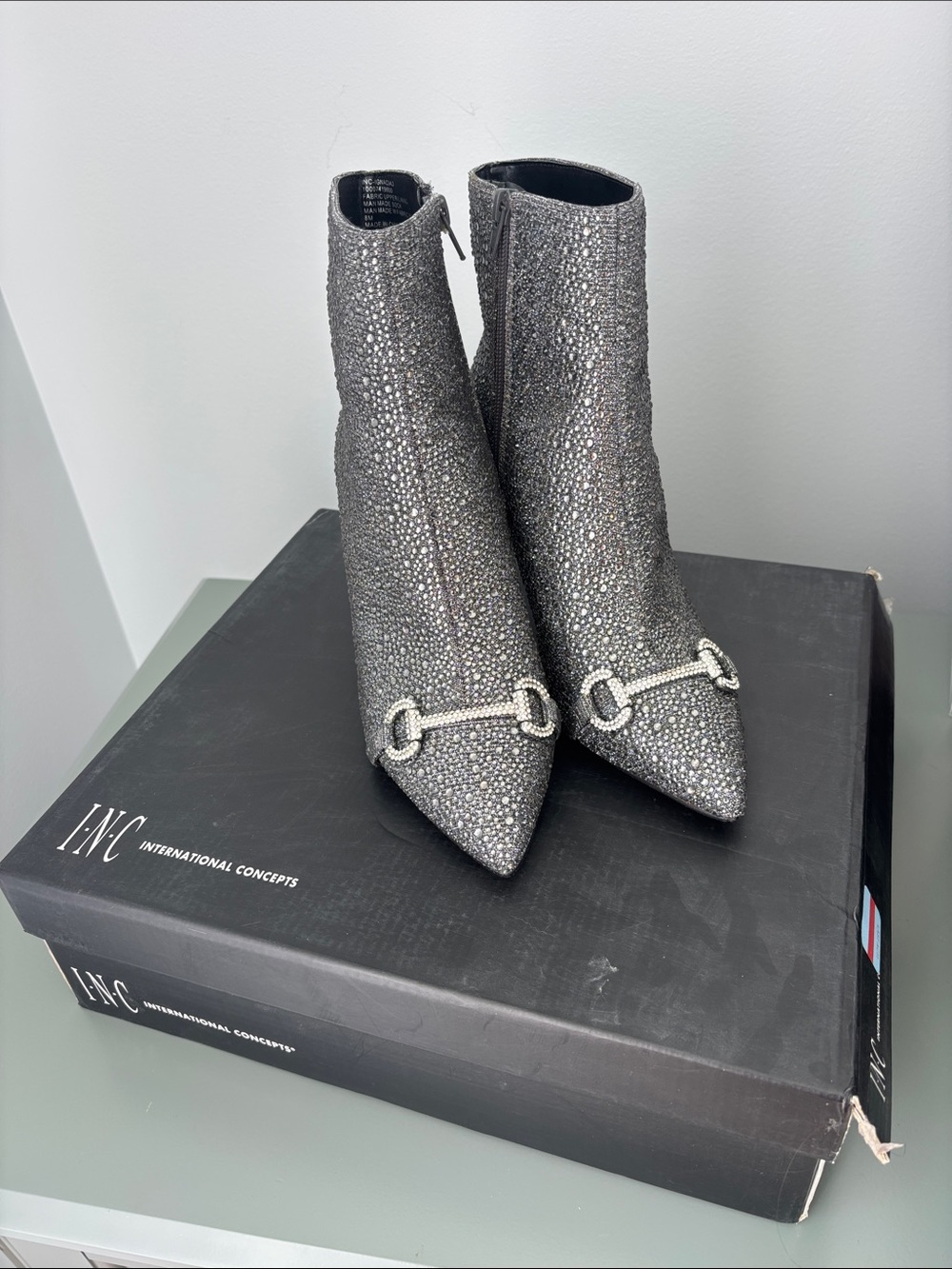 INC International Concepts Gunmetal Rhinestone Pointed Ankle Booties